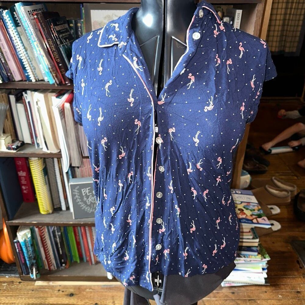 Soma pink flamingo navy short sleeve button down top